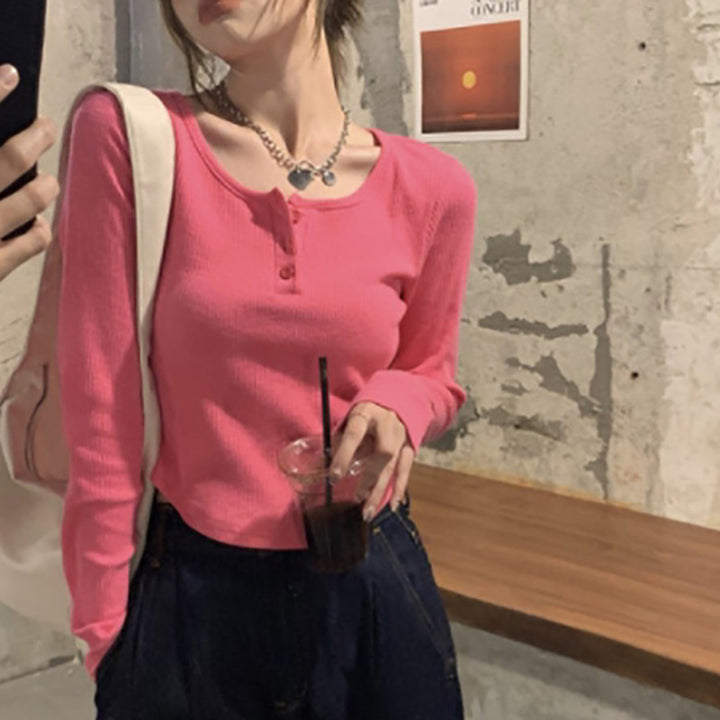 Damen Langarmshirt mit Knopfleiste und feinem Rippdesign