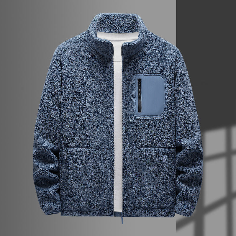 Herren wärmende Teddyfleecejacke mit Stehkragen, durchgehendem Reißverschluss und Brustreißverschlusstasche Drune