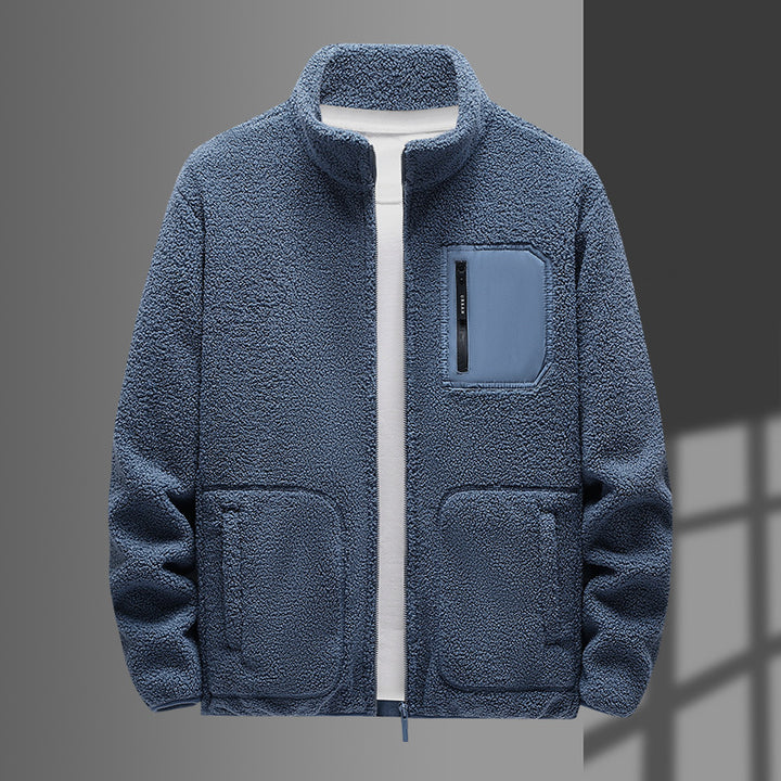Herren wärmende Teddyfleecejacke mit Stehkragen, durchgehendem Reißverschluss und Brustreißverschlusstasche Drune