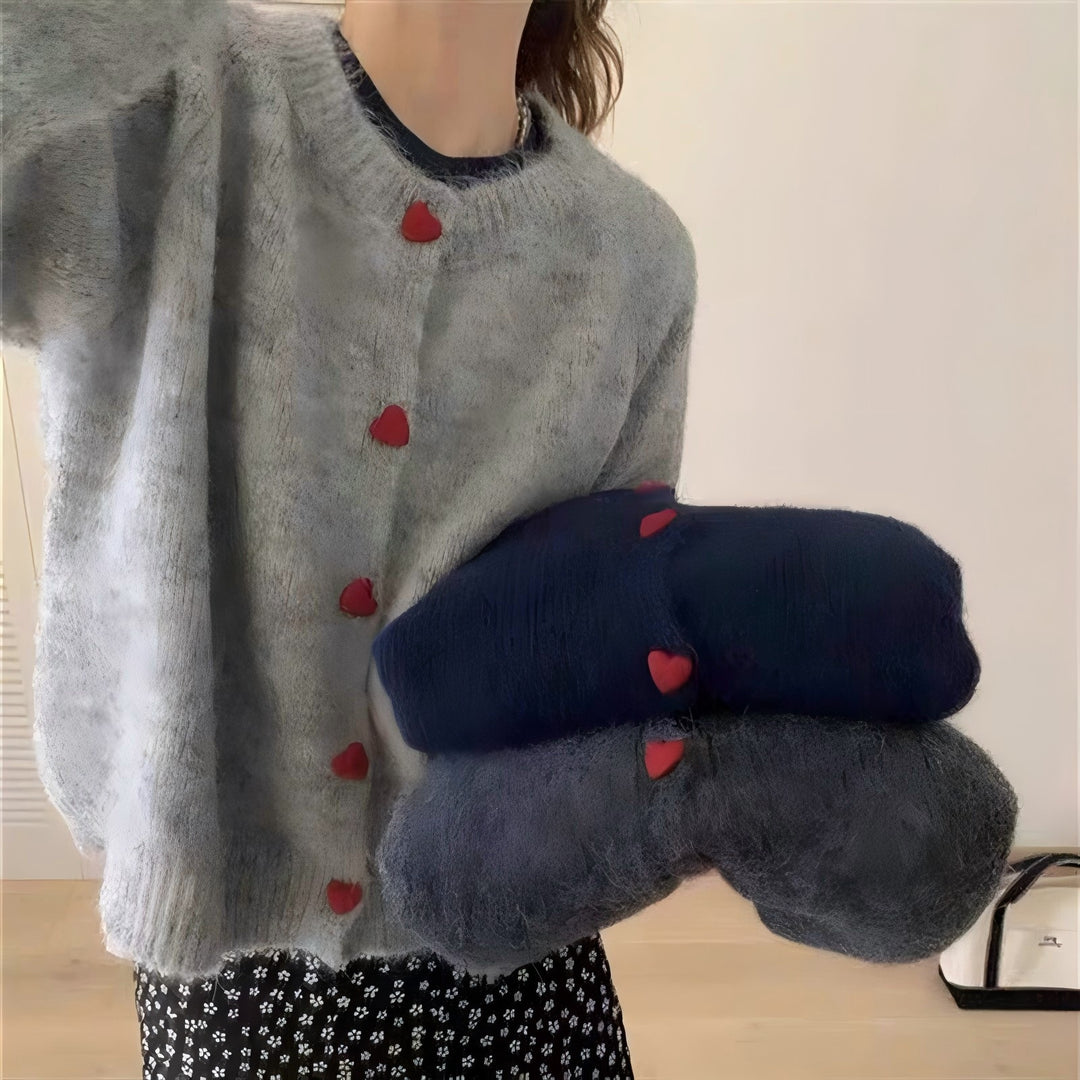Damen kuschelige Strickjacke mit Herzknöpfen Drune