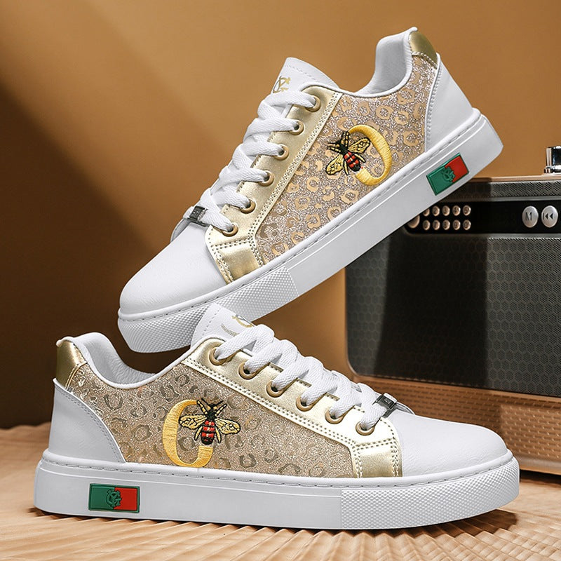 Damen modische Plateausneaker mit gestickter Bienenapplikation und dezenter Animalprägung Drune