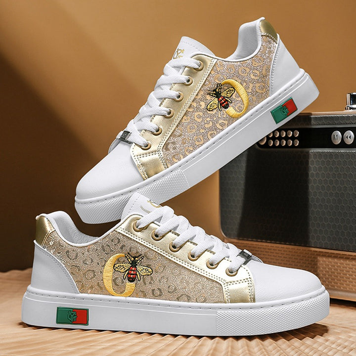 Damen modische Plateausneaker mit gestickter Bienenapplikation und dezenter Animalprägung Drune