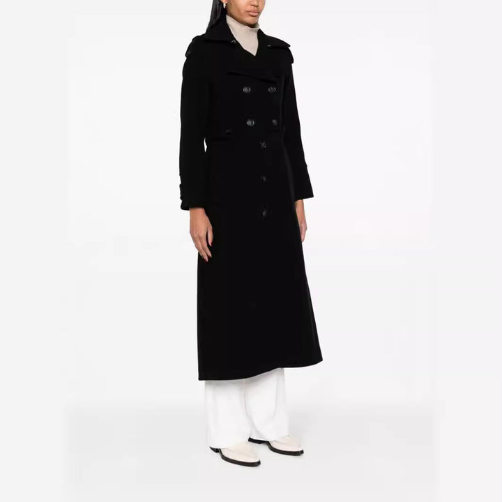 Damen Bodenlanger Doppelreihiger Trenchcoat aus Wollmix mit Schulterpatten und verdecktem Taillengürtel Drune