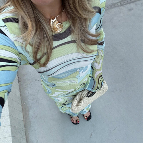 Damen Langärmeliges Maxikleid mit abstraktem Retro‑Print & passendem Kopftuch Drune