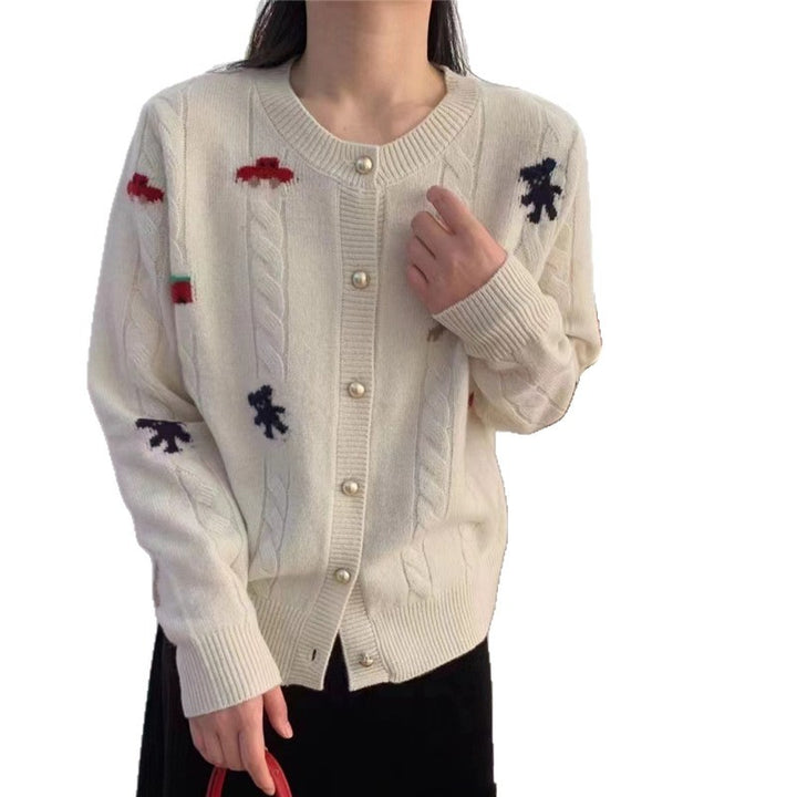 Damen Strickjacke mit buntem Motiv und dekorativen Knöpfen Drune