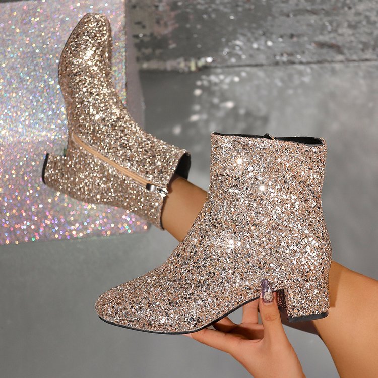 Damen glitzernde Stiefeletten mit kurzem Blockabsatz und seitlichem Reißverschluss Drune