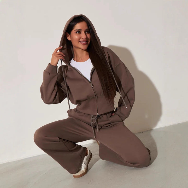 Damen kurzes Kapuzen-Zipshirt mit tailliertem Tunnelzug und weit geschnittene High-Waist-Loungehose Drune
