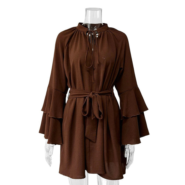 Damen lässiges Kleid mit voluminösen Ärmeln und Taillengürtel Drune