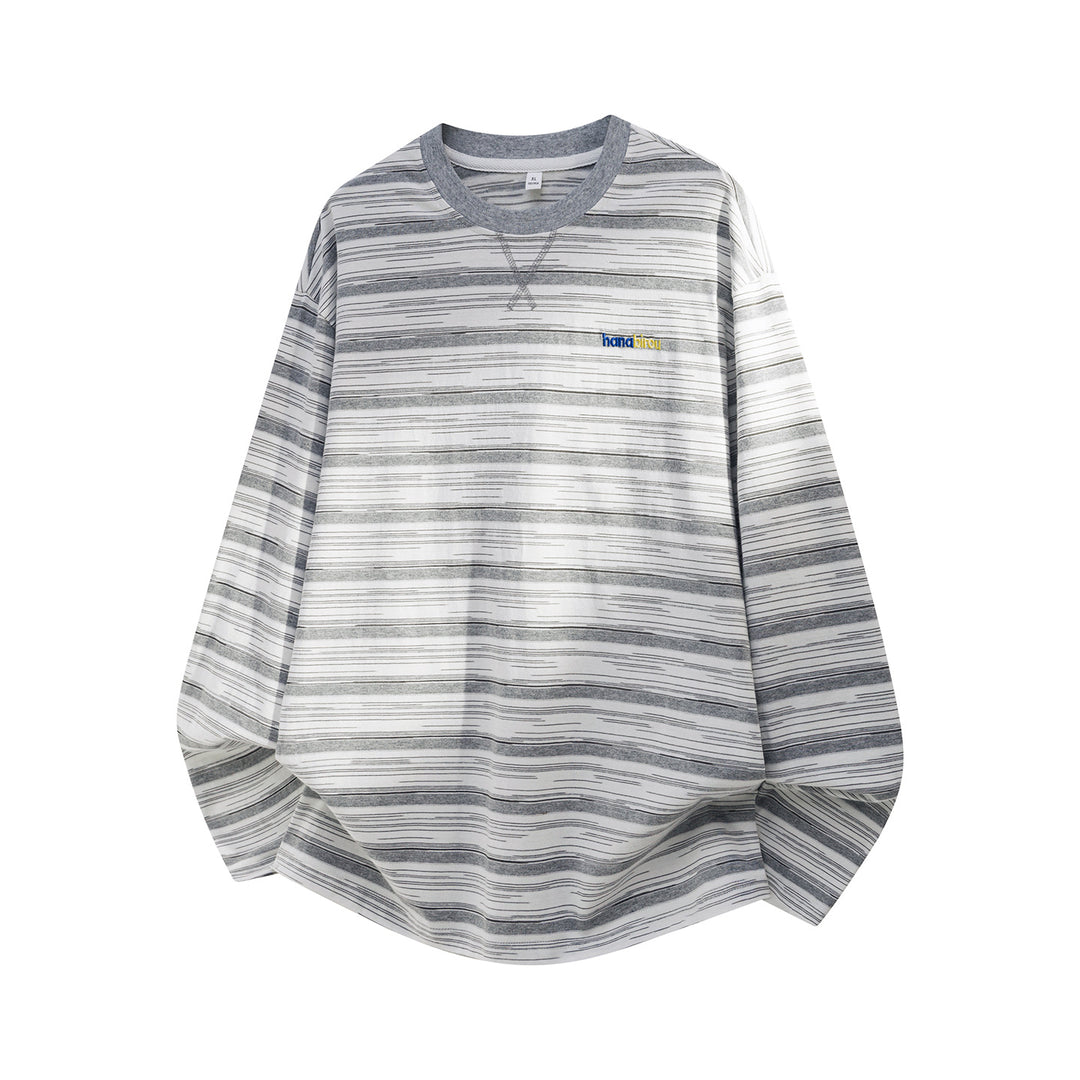 Unisex Gestreiftes Oversize-Langarmshirt mit Rundhalsausschnitt und Bruststickerei Drune