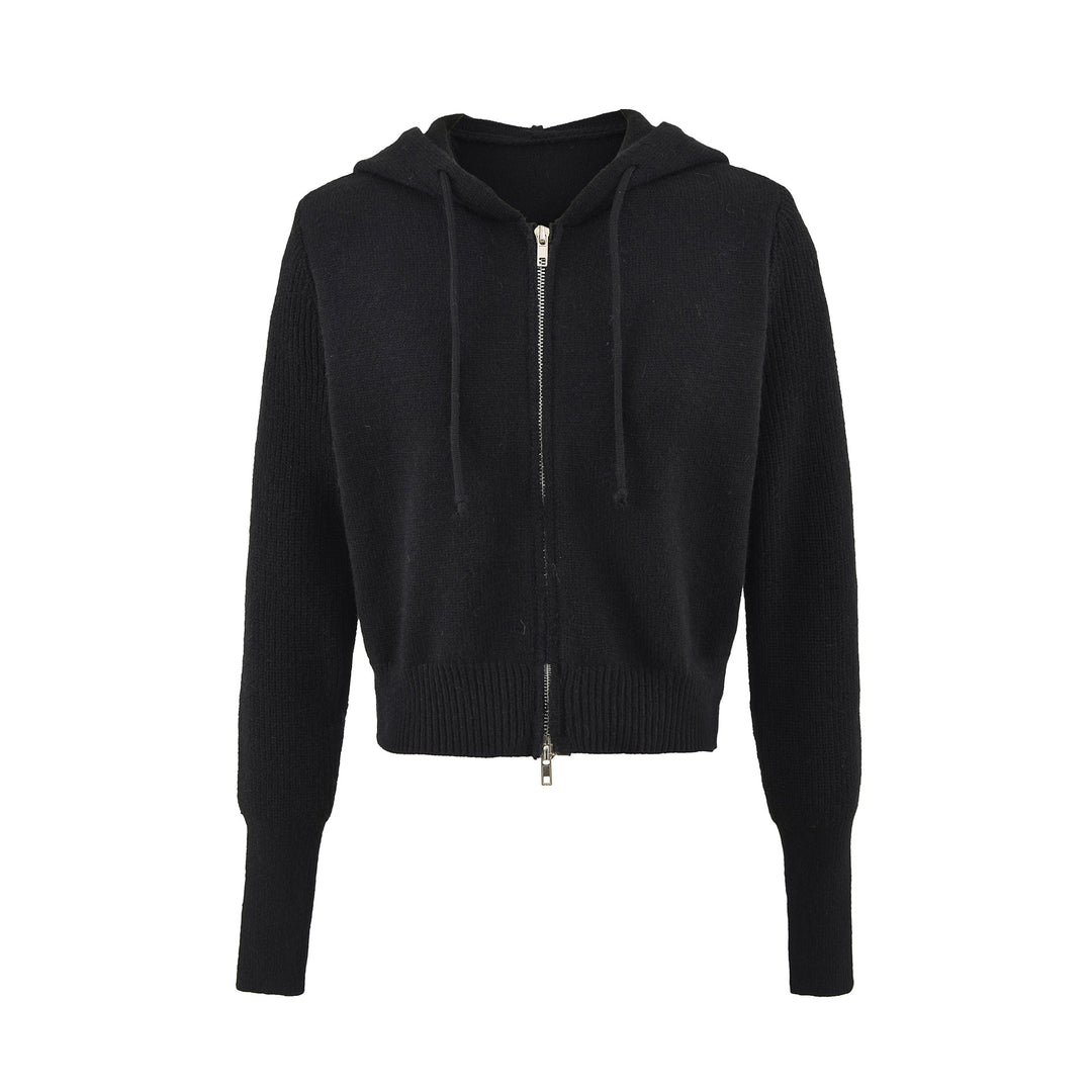 Damen Kurze Kapuzen-Strickjacke mit Reißverschluss und tailliertem Rippenbund Drune