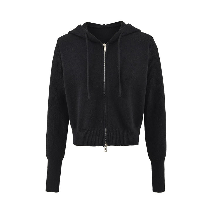 Damen Kurze Kapuzen-Strickjacke mit Reißverschluss und tailliertem Rippenbund Drune