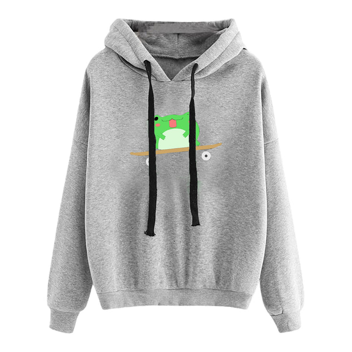 Damen nan kurz geschnittener Cropped-Kapuzenpullover mit niedlicher Frosch-Illustration und verstellbarer Kapuze Drune