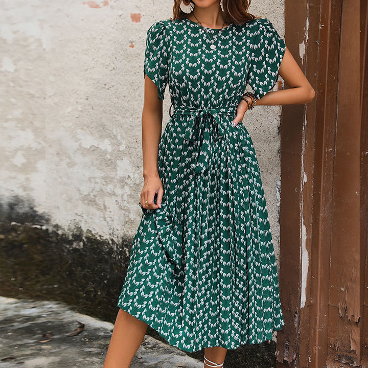 Damen Midi-Kleid mit eleganten Rüschendetails und bindbarem Taillengürtel Drune