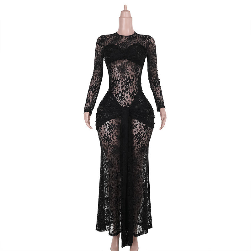Damen Spitzen-Maxikleid mit figurbetonendem Schnitt und langem Arm Drune