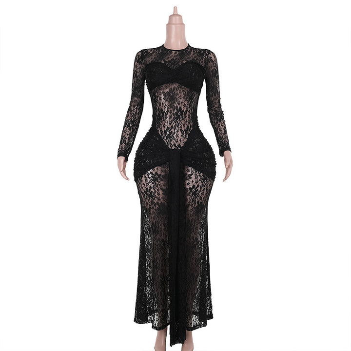 Damen Spitzen-Maxikleid mit figurbetonendem Schnitt und langem Arm Drune