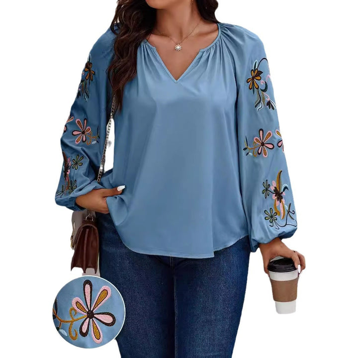 Damen Locker sitzende V-Ausschnitt Bluse mit floraler Stickerei an Ballonärmeln Drune