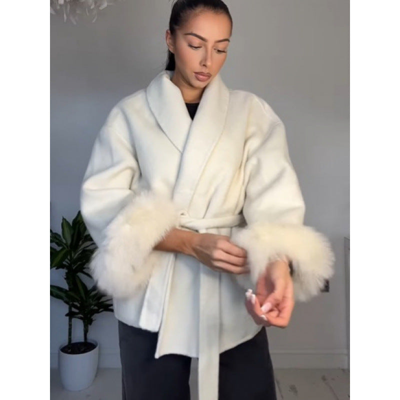 Damen Fuzzi-Robenjacke mit elegantem Gürtel und luxuriösen Ärmeln aus Plüsch Drune