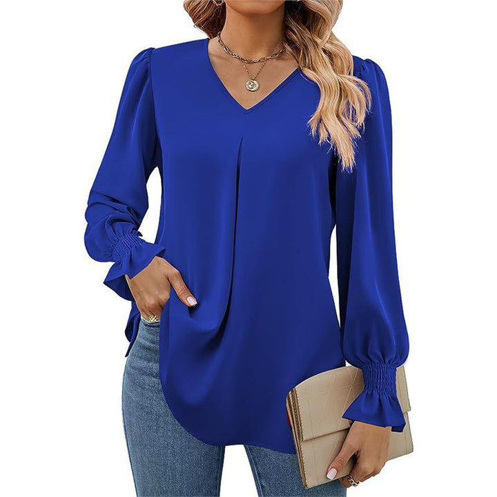 Damen fließende V-Ausschnitt Bluse mit eleganten Puffärmeln Drune