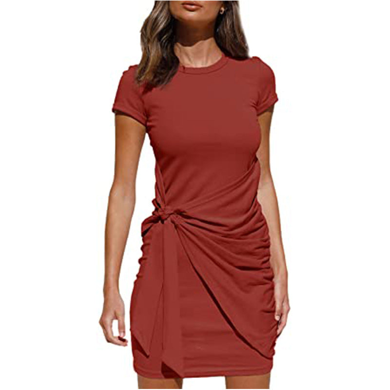 Damen Kurzarm Wickelkleid mit Raffung und Knoten Detail Drune