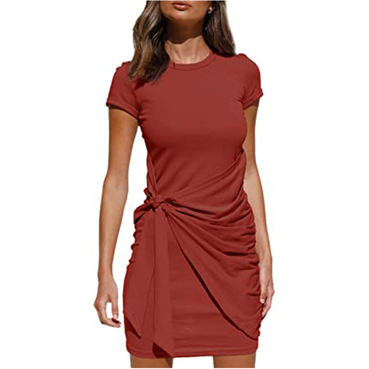 Damen Kurzarm Wickelkleid mit Raffung und Knoten Detail Drune