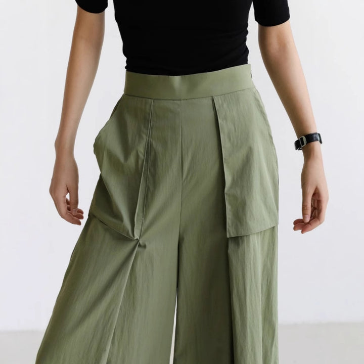 Damen Weite Palazzo-Hose mit hoher Taille, Cargo-Taschen und plisseeartiger Faltenlegung Drune