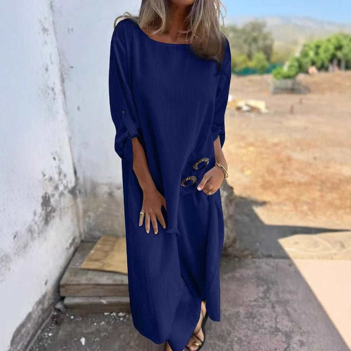 Damen Lässiges Maxikleid mit tiefem Rundhalsausschnitt und praktischen Knopfdetails Drune
