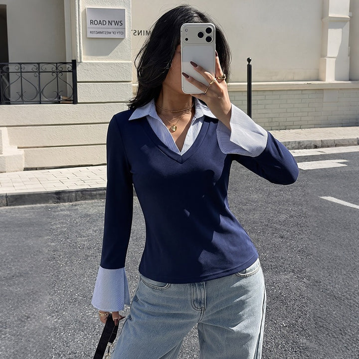 Damen Elegantes Longsleeve-Oberteil mit Hemdkragen Drune