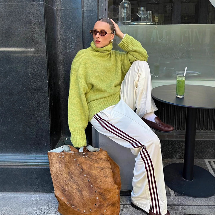 Damen gemütlicher Strickpullover mit hohem Kragen und überschnittenen Schultern Drune