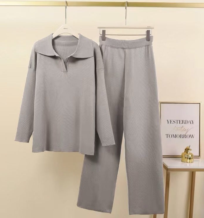 Damen Elegantes Freizeithosen- und Blusen-Set mit Kragen Drune