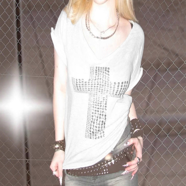 Damen stylisches Oversized T-Shirt mit Kreuz-Print und Glitzerdetails Drune