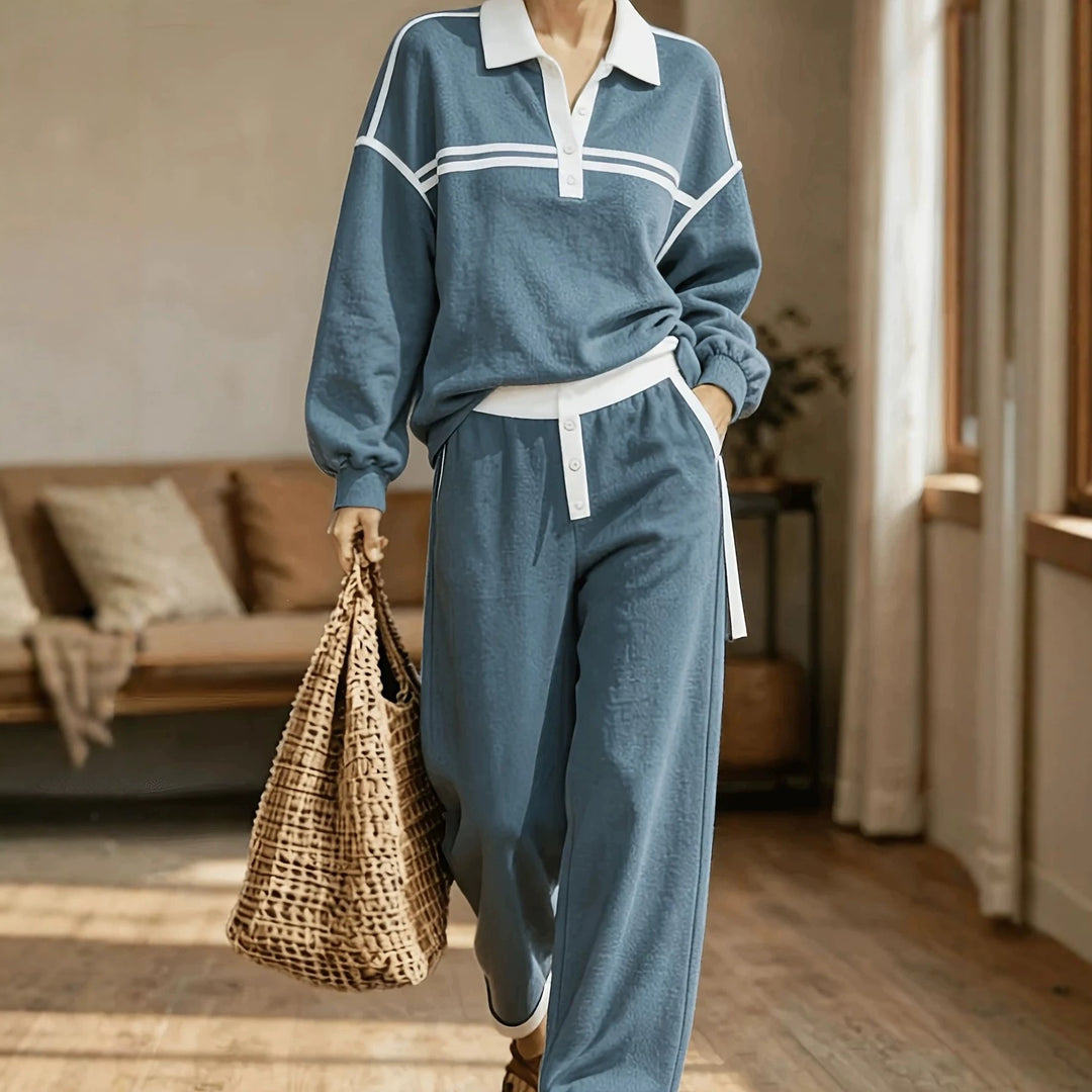 Damen Lounge-Set aus weichem Jersey mit Polokragen, Kontraststreifen und weiter Jogpant Drune