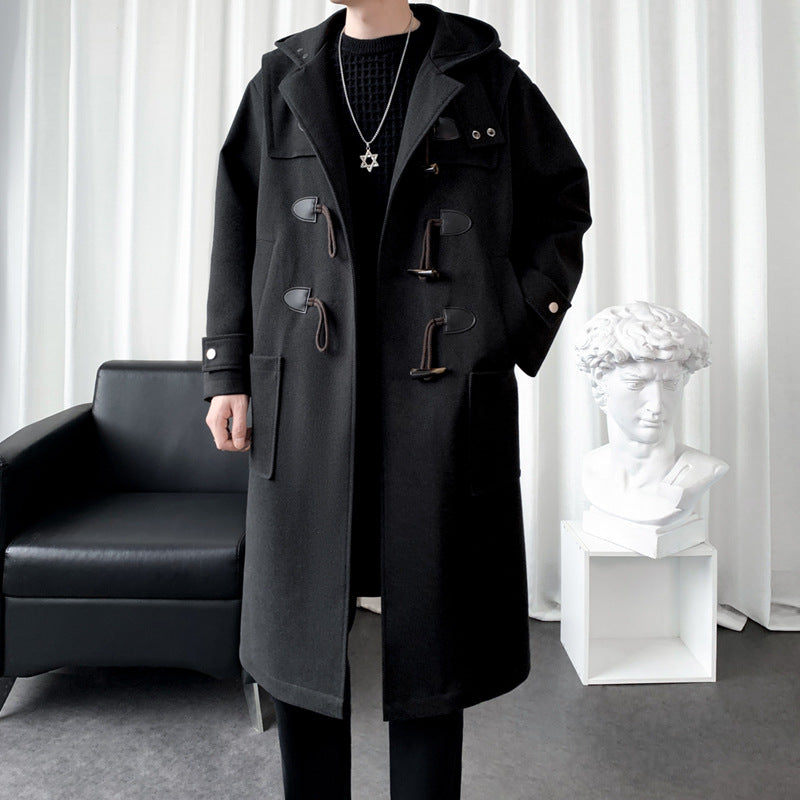 Herren Langer Wollmix Dufflecoat mit Kapuze, Knebelverschlüssen und aufgesetzten Taschen Drune