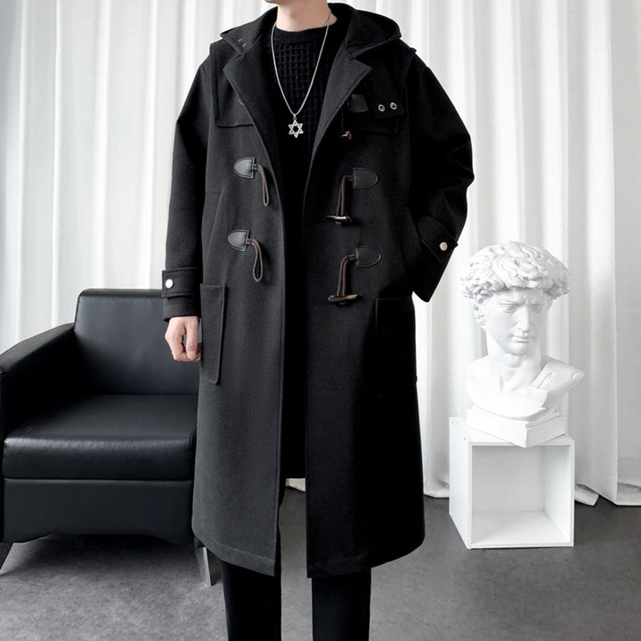 Herren Langer Wollmix Dufflecoat mit Kapuze, Knebelverschlüssen und aufgesetzten Taschen Drune