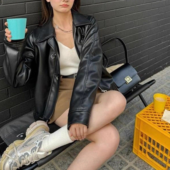 Damen trendige Kunstlederjacke mit klassischem Revers Drune
