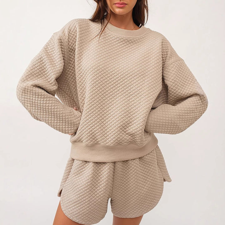 Damen Casual Lounge-Set mit strukturiertem Sweatshirt und Shorts Drune