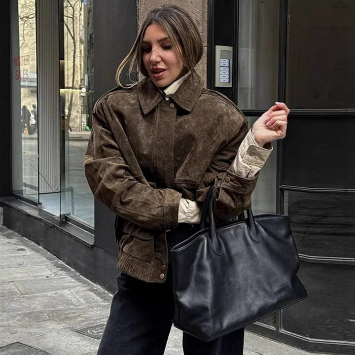 Damen 500+ lässige Velours‑Blousonjacke mit Pattentaschen und elastischem Saum Drune