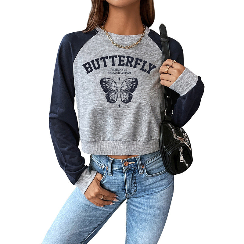 Damen Cropped Raglan-Sweatshirt mit Schmetterling-Print, geripptem Saum und lässiger Passform Drune