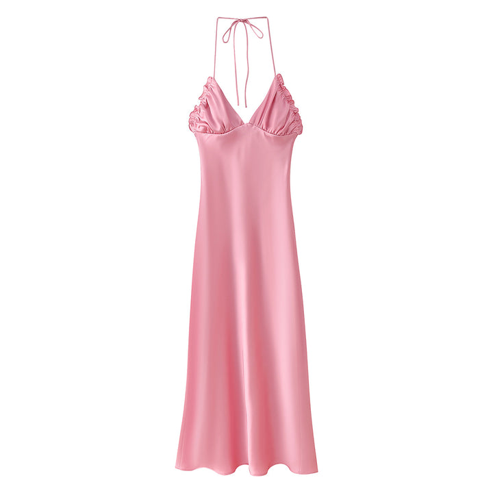 Femme Halter Neck Satin Maxi Kleid mit Rüschendetail Drune