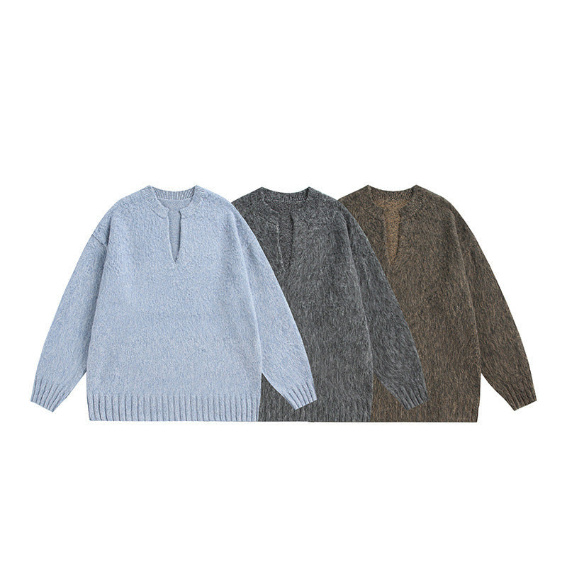 Unisex Oversize-Flauschpullover mit V-Schlitzkragen und Bouclé-Optik Drune