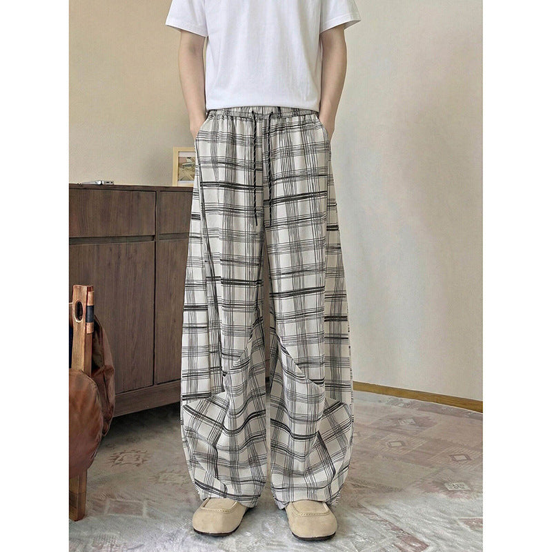 Herren weite karierte Lounge-Hose mit elastischem Bund und Tunnelzug Drune