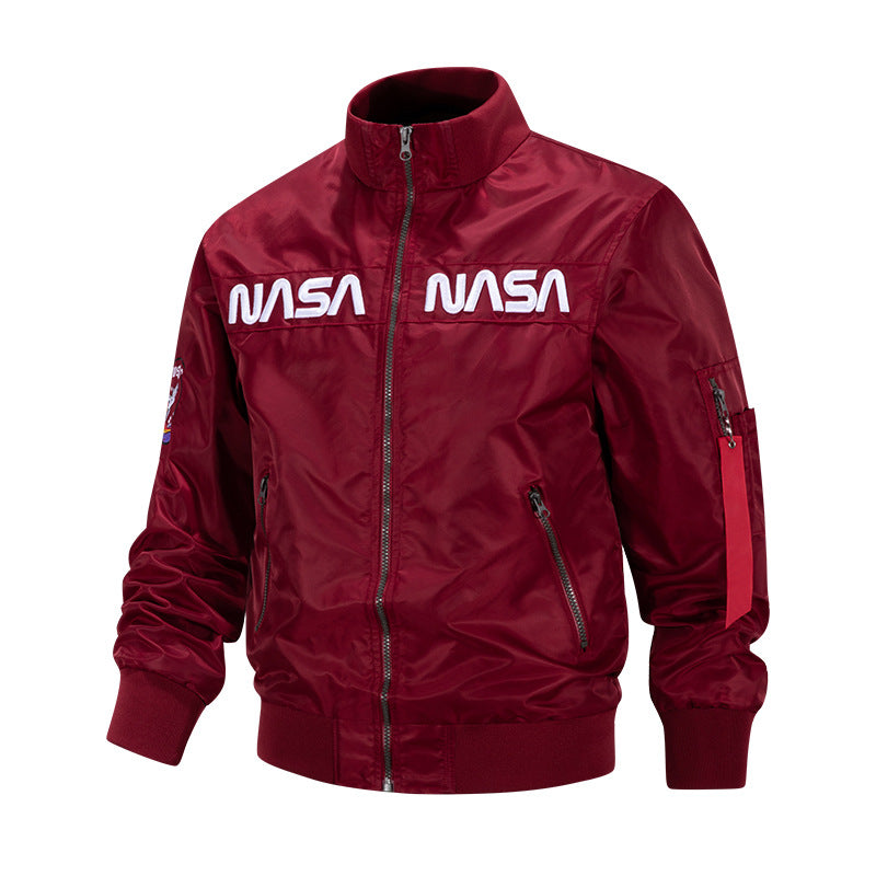 Men's  metallic pilot-style zip-up bomber jacket with embroidered chest panels and angled zip hand pockets Drune