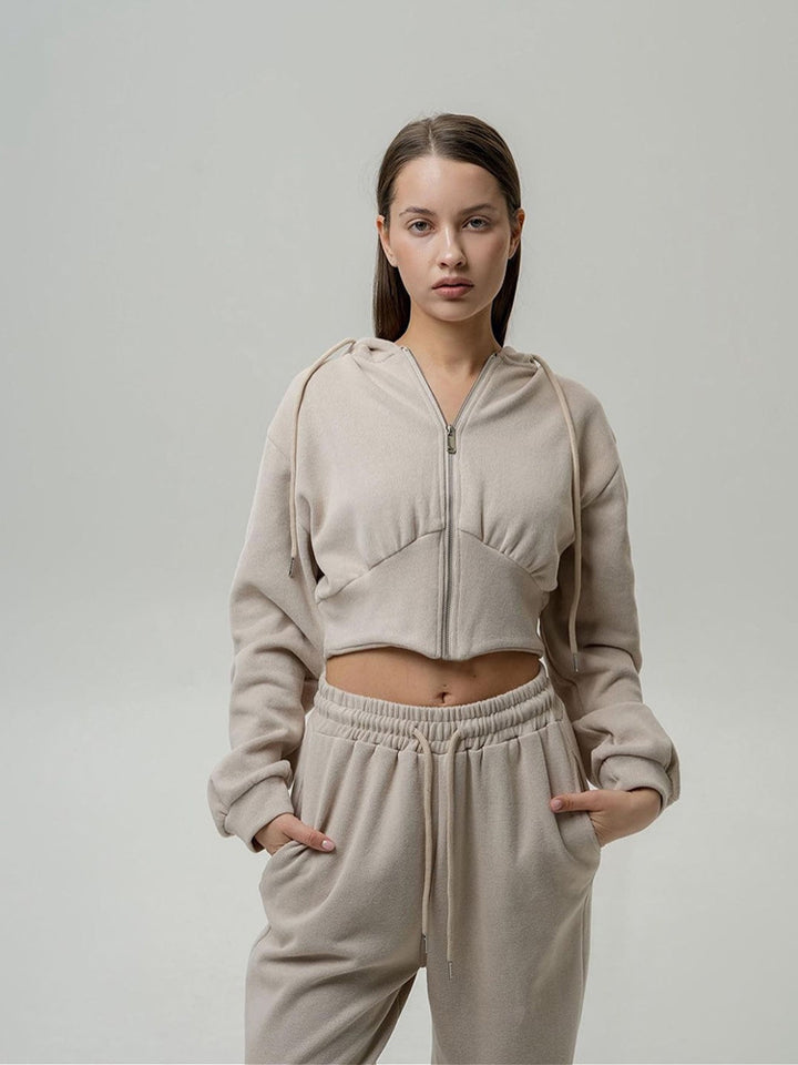 Damen nan zweiteiliges Cropped Hoodie-Set mit weitem Bundhose-Schnitt und tailliertem Reißverschluss Drune
