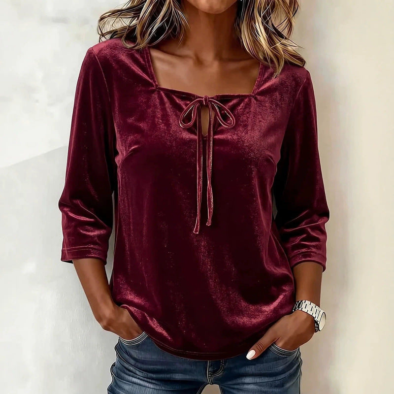 Damen Samtbluse mit eckigem Ausschnitt, Kordelzug und dreiviertel Ärmeln Drune