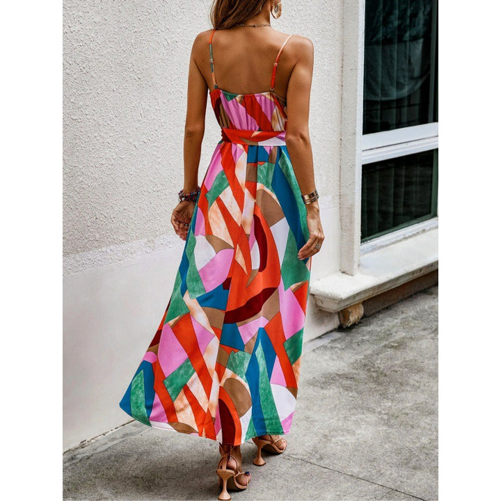 Damen Maxikleid mit modernem geometrischen Muster und schickem Taillengürtel Drune