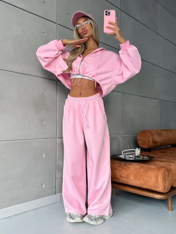 Damen Kurz geschnittenes Kapuzen-Sweatshirt und weite Lounge-Jogginghose Set Drune