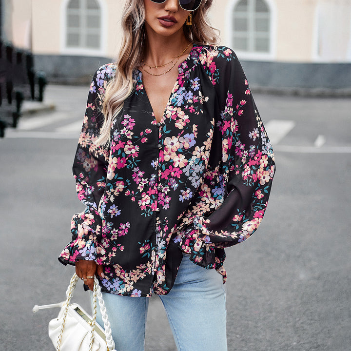 Damen nan Chiffon-Bluse mit floralem Alloverprint, V-Ausschnitt, Knopfleiste und gebundenen Manschetten Drune