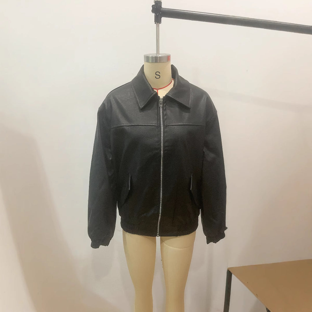 Damen nan oversized Kunstleder-Bomberjacke mit Hemdkragen elastischem Saum und aufgesetzten Pattentaschen Drune