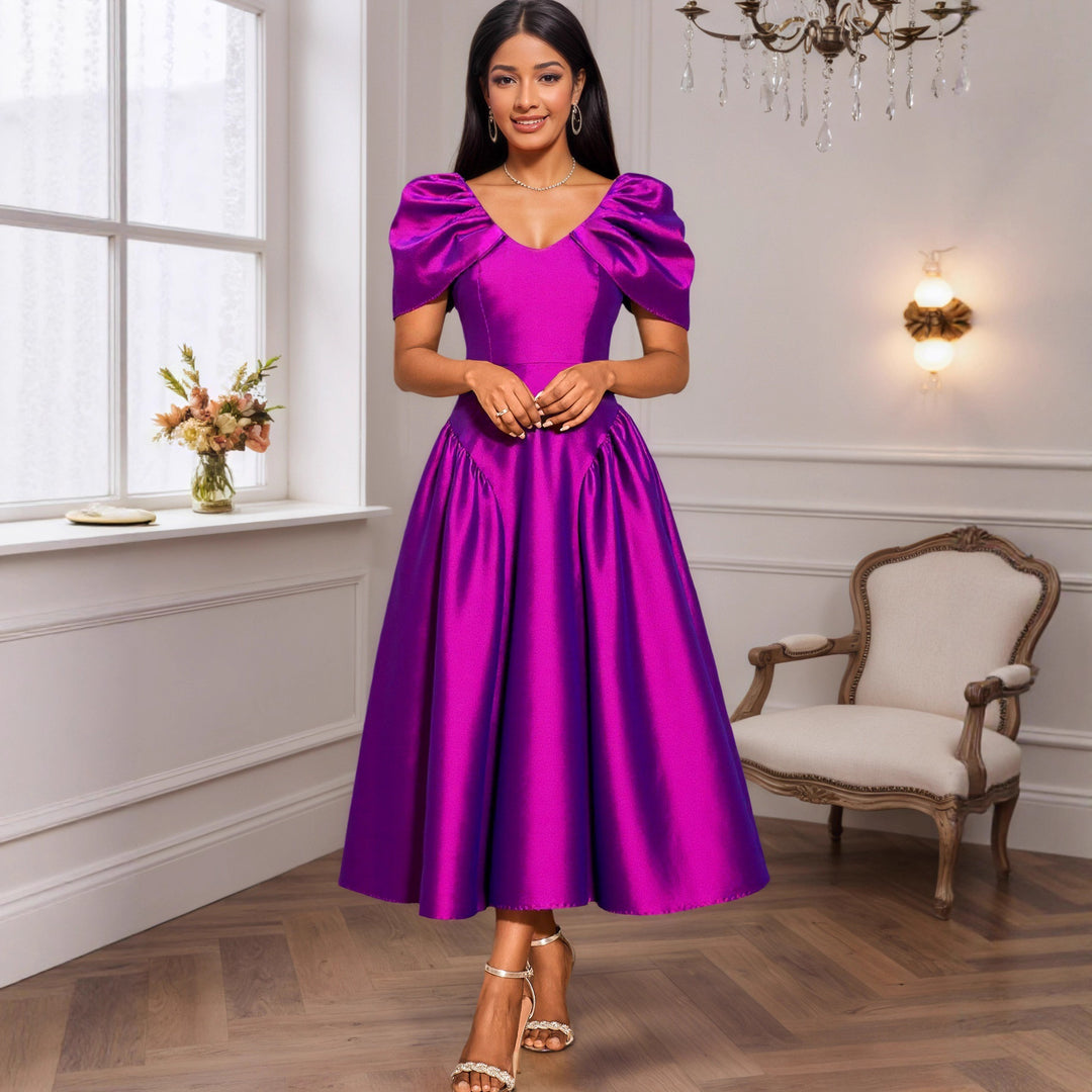 Damen Elegantes Satin Abendkleid mit voluminösen Puffärmeln Drune