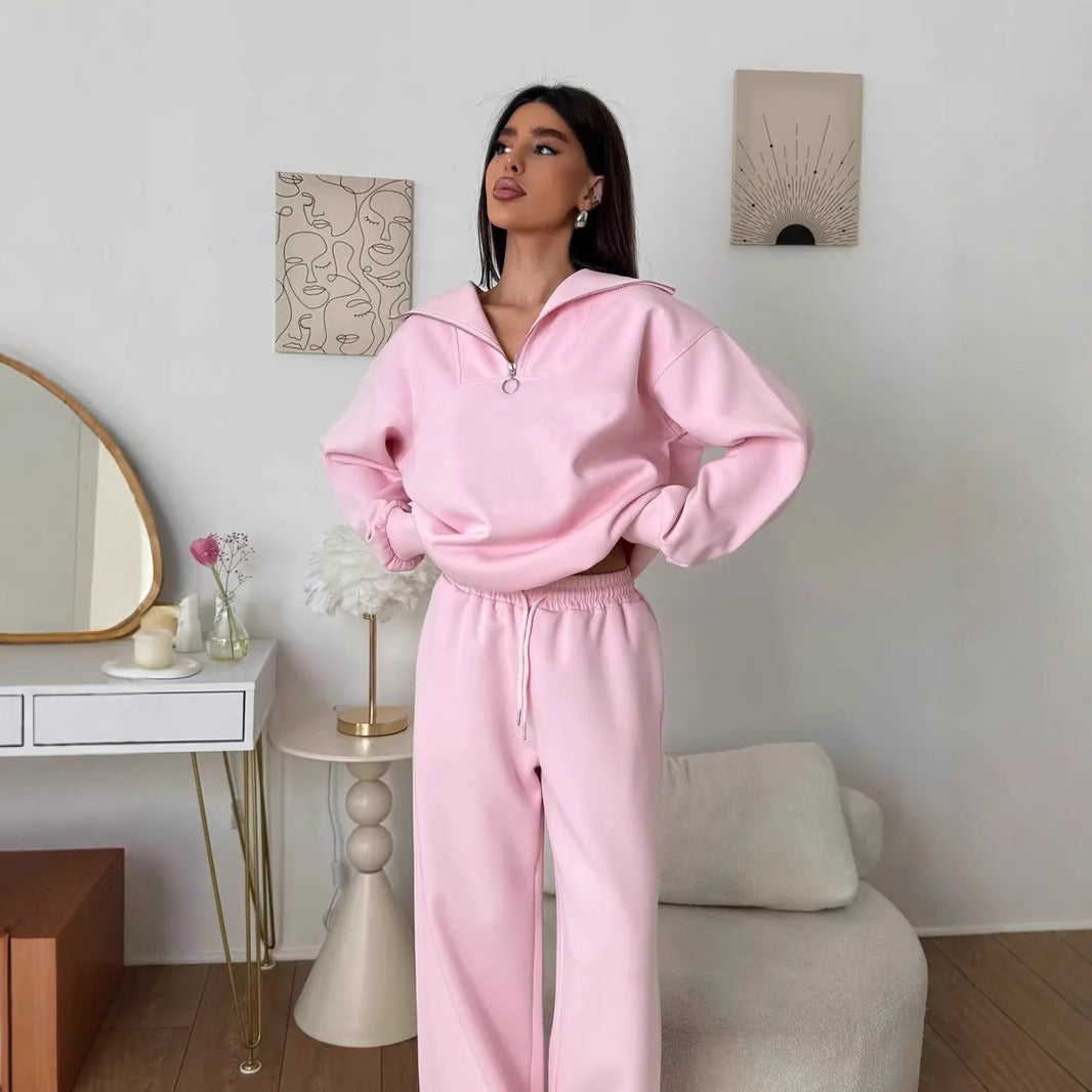 Damen lässiges Sweatset mit halbhohem Reißverschluss Kragen und weitem Jogger Drune