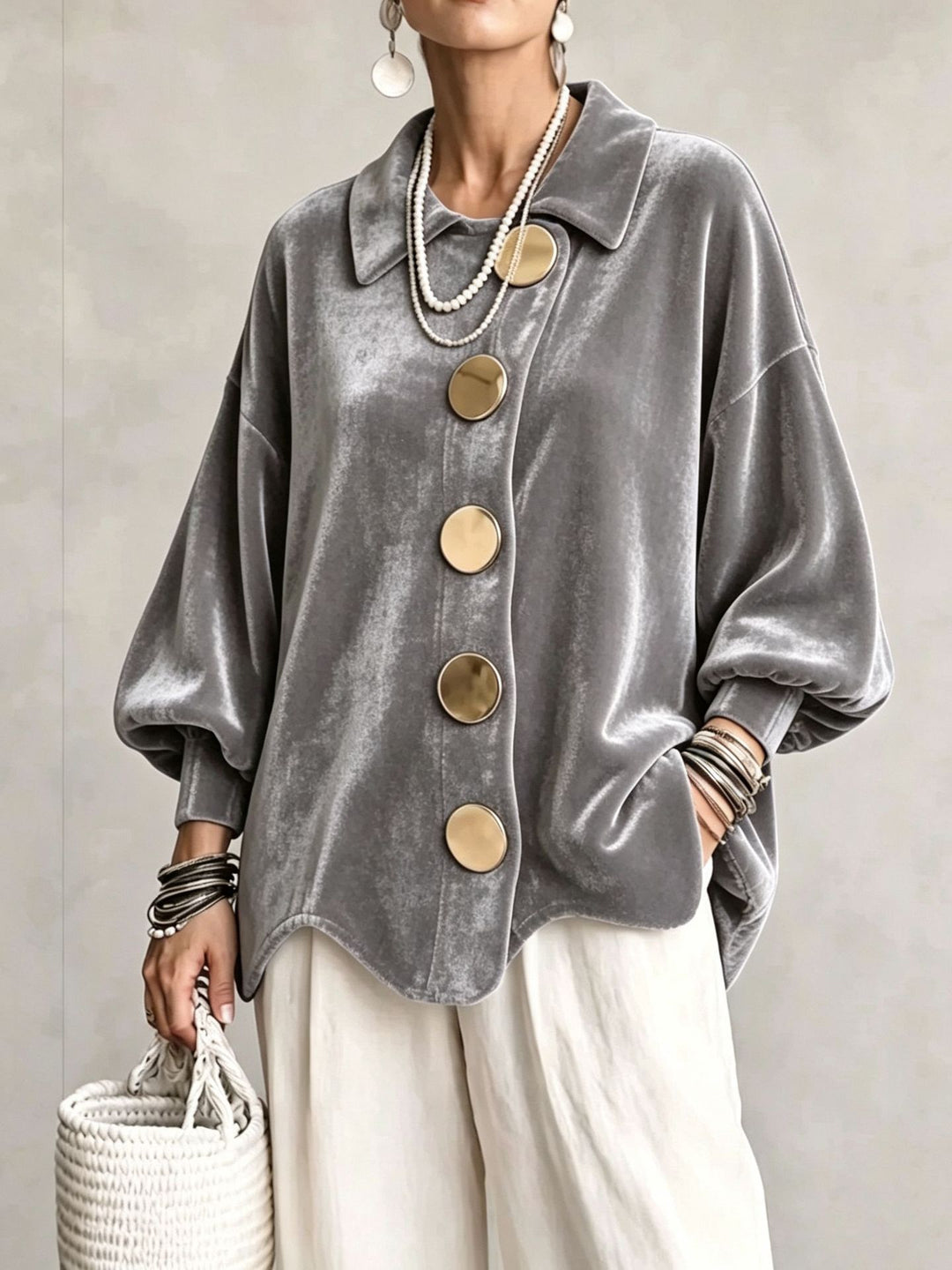 Damen Oversized Samtjacke mit großen Zierknöpfen und Balloon-Ärmeln Drune